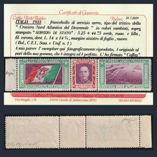 Italia Regno 1933 Trittico Servizio Stato Aereo Certificato Caffaz MNH Trittici