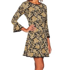 NWT Michael Kors Paisley Print Bell Sleeves Flounce Dress Black Marigold l XS