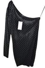 MNG Black Velvet Studded Assymetrical Sleeve Evening Dress size M Womens Casual