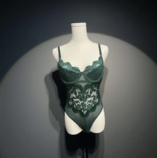 Green Lace Bodysuit with Floral Embroidery and Adjustable Straps