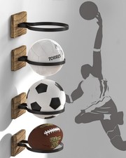 4 Pcs Wall Mount Basketball Holder with Wooden Base, Ball Storage Holders Dis...