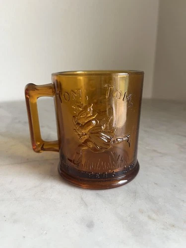 Vtg Amber Indiana Glass cup mug Humpty Dumpty, Tom Tom the Pipers Son Pre owned