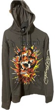 Ed Hardy Hoodie Mens Medium Charcoal Exploding Skull Pullover Sweatshirt Y2K