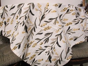 Cotton Tablecloth Floral Herb Leaf Print Square Ivory Brown & Yellow Tassel Trim