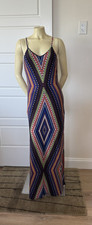 Sevengate Maxi Dress Womens  Multi 70's Print  Ankle Slit Spaghetti Strap Sz S