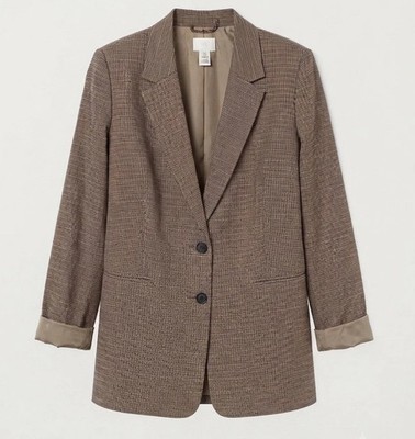 H&M Brown Oversized Houndstooth Blazer Jacket Women's Sz Sm Tailored Longline