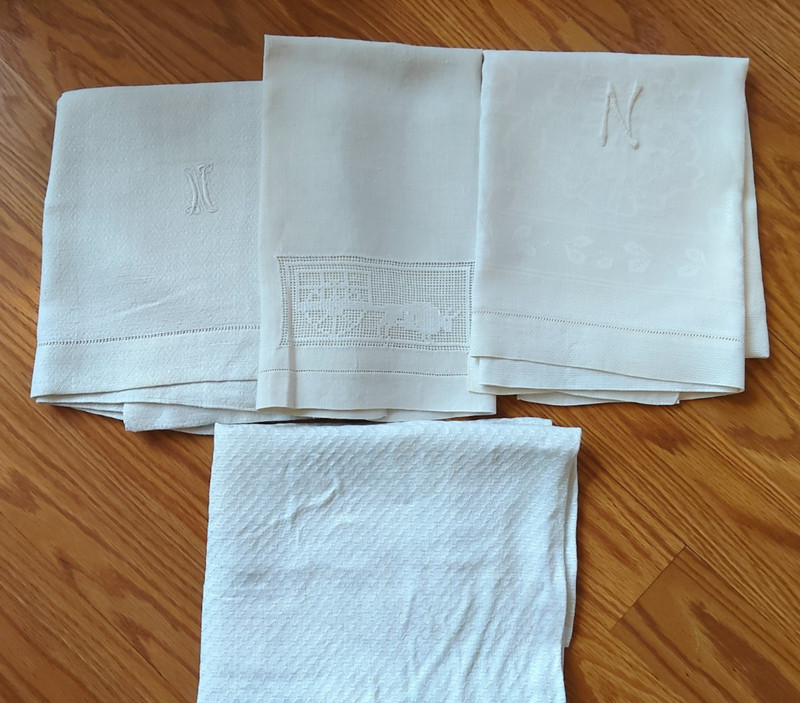 LOT of four vintage linens some cotton some linen some damask, huck?