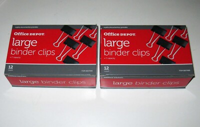NEW Lot 2 Office Depot Large Metal Binder Clips 1'' Capacity 12 Per Box 6837499