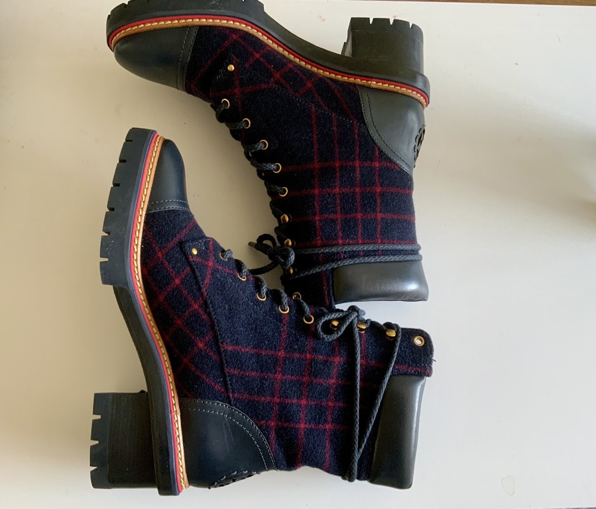 TORY BURCH MILLER LUG SOLE WOOL BOOTS CHECKED WOOL TORY NAVY