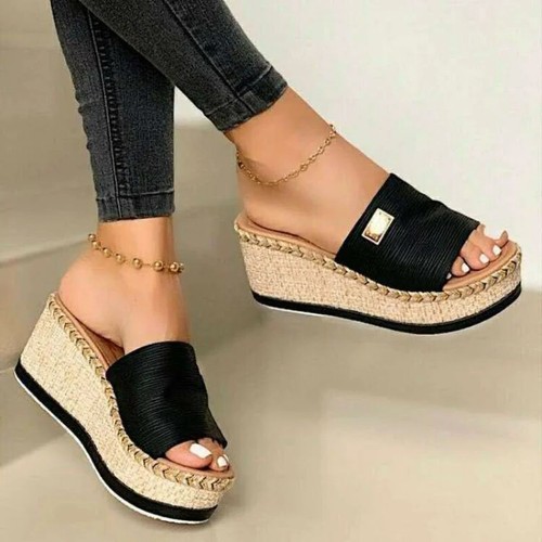 Damen Open Toe Sandalen Keilabsatz High Heels Hausschuhe Strand Plateau Schuhe Slipper