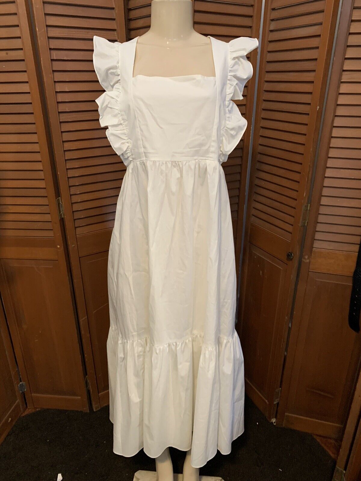 Vtg 70s White Pinafore Dress Bib Recommended L Maxi Suspender Apron Excellence Cotton