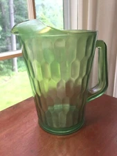 Vintage Jeanette Iridescent Green Glass Pitcher Hex Optic Honeycomb Scarce