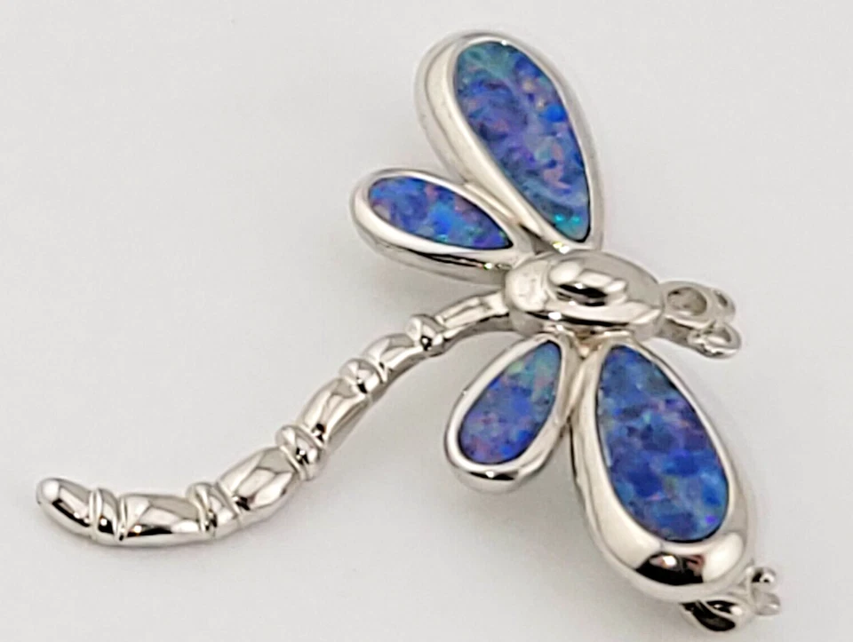 Increíble broche libélula enchapado en plata de ley ópalo de laboratorio azul 1,25" Foto 3 de 4