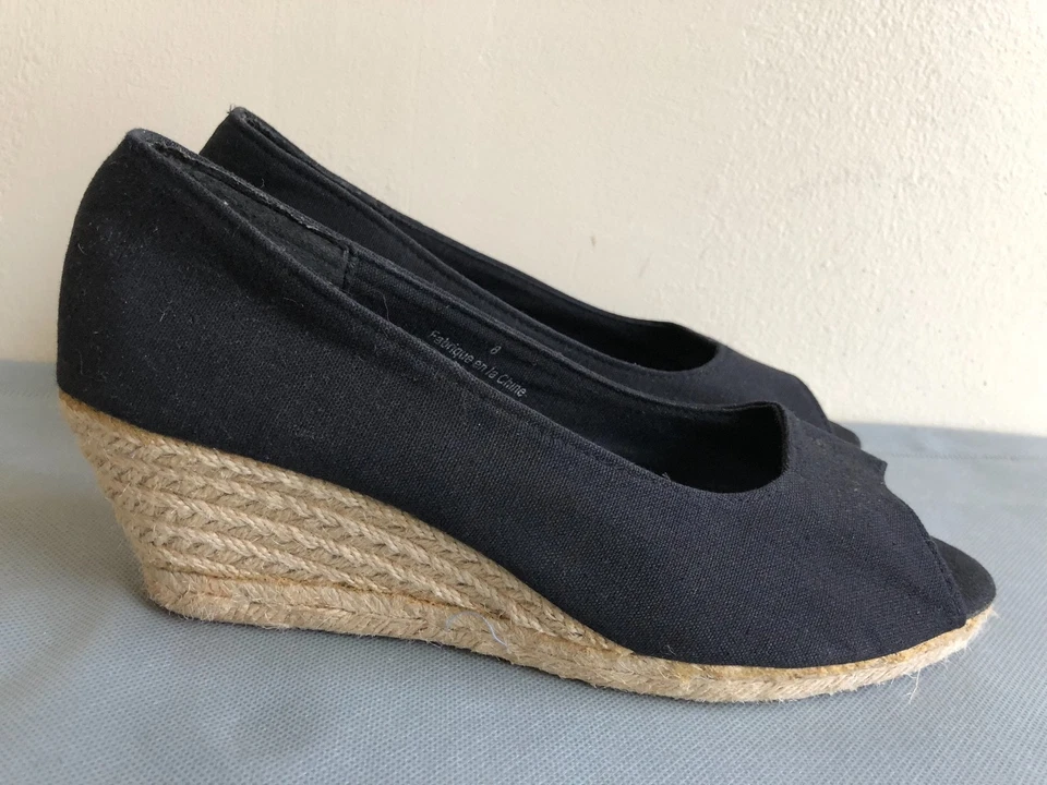 ZAPATOS KIMCHI AZUL URBAN OUTFITTERS MUJER CUERDA NEGRA TACÓN CUÑA DEDOS ABIERTOS TALLA 8 Foto 3 de 4