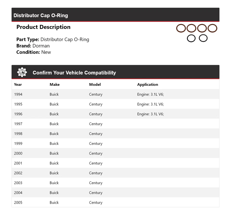 For 1994-2005 Buick Century Dorman Distributor Cap O-Ring 1995 1996 1997 1998 - Image 2 of 4