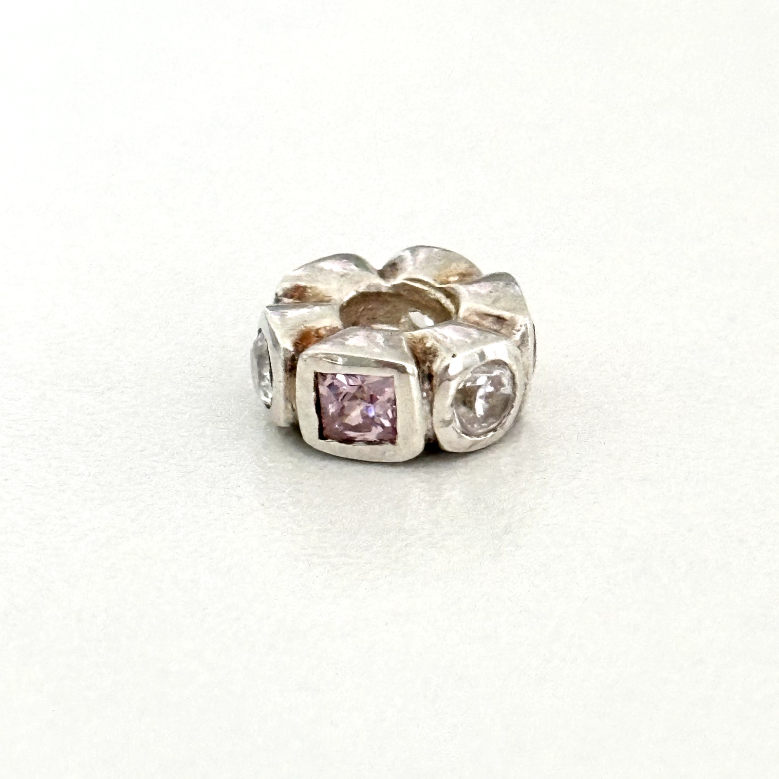 925 Sterling Silver Pink & Clear CZ Spacer Bead Charm