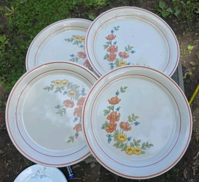 Set 4 Corner Stone Dinner Plates Floral Orange Rim Stoneware Vtg Royal Garden