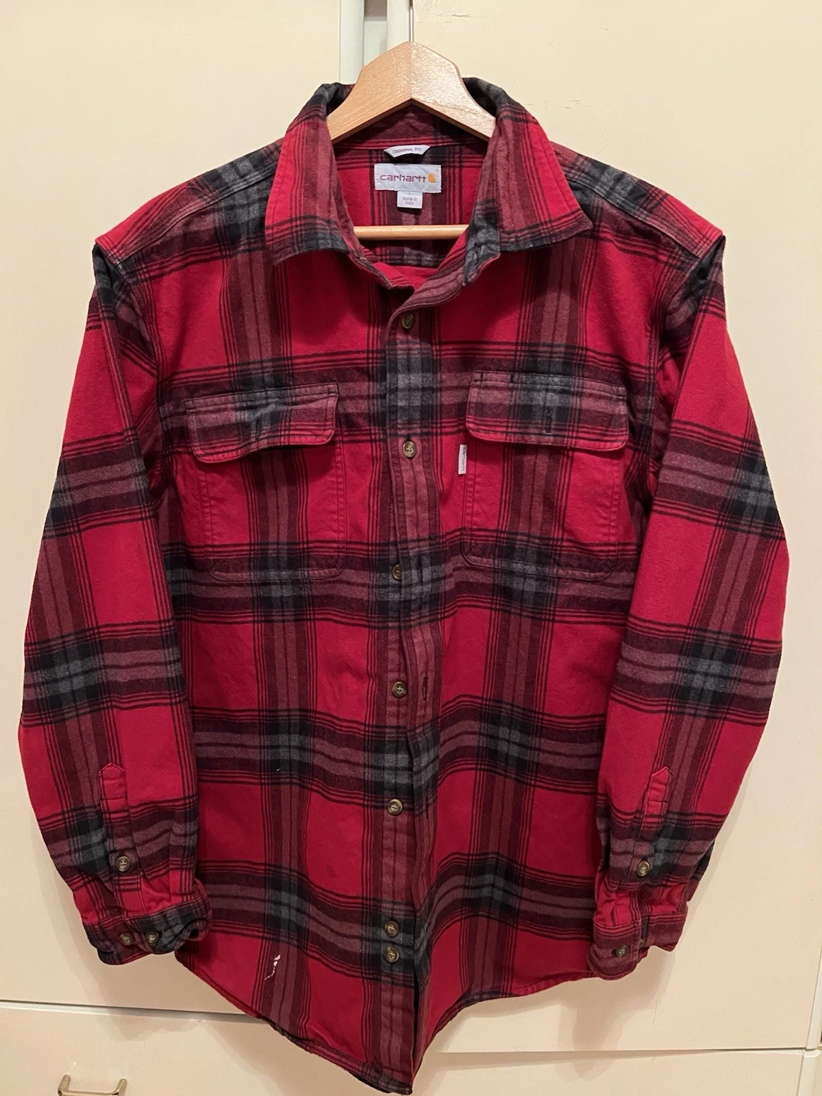 Vintage Carhartt Flannel Shirt Mens L Red Black Plaid Outdoor Work Workwear