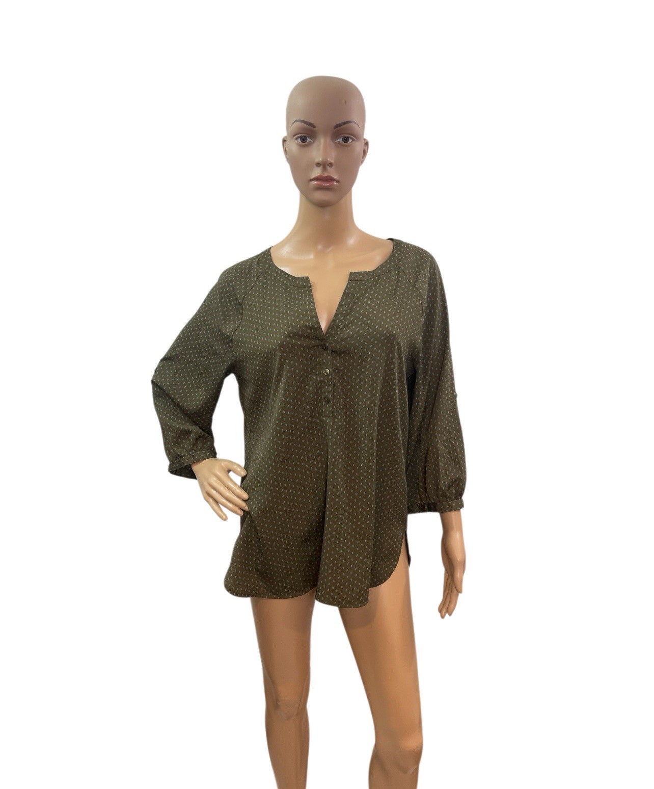 Ann Taylor Loft Women’s Size Medium Roll Tab Sleeve V Neck Green Blue Blouse