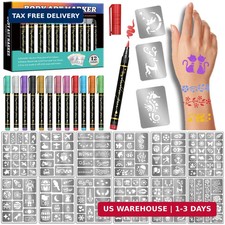 Temporary Tattoo Markers for Skin, 12 Metallic Markers Assorted Colors 160 Tat