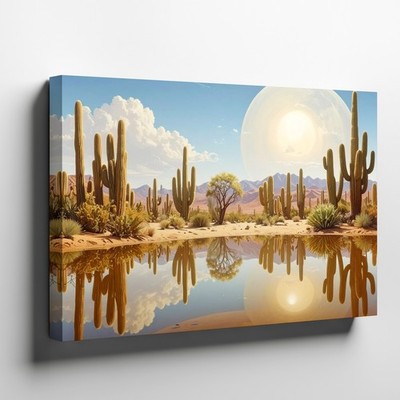 Canvas Wall Art a Surreal Desert Landscape with Tall Cacti and Barren Trees