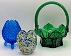 Vintage Fenton Blue Hobnail Art Glass Vase + Green Basket & Paperweight Vase Lot