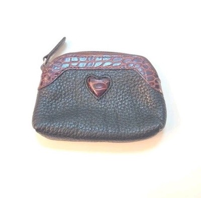 Brighton Small Coin Change Purse Black Pebbled Leather Brown Croc Heart