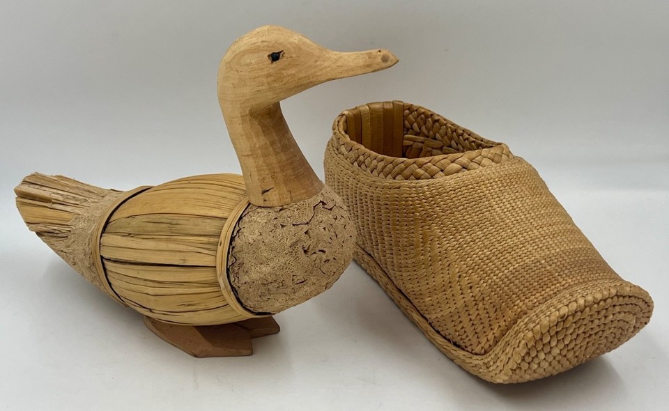 Vintage Hand Carved Wood & Reed Duck AND Chinese Reed/Straw Hand Woven ...