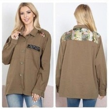 Khaki Button-Up Jacket-Shacket W/Floral Embroidery/Beaded Pocket Accent -SMALL