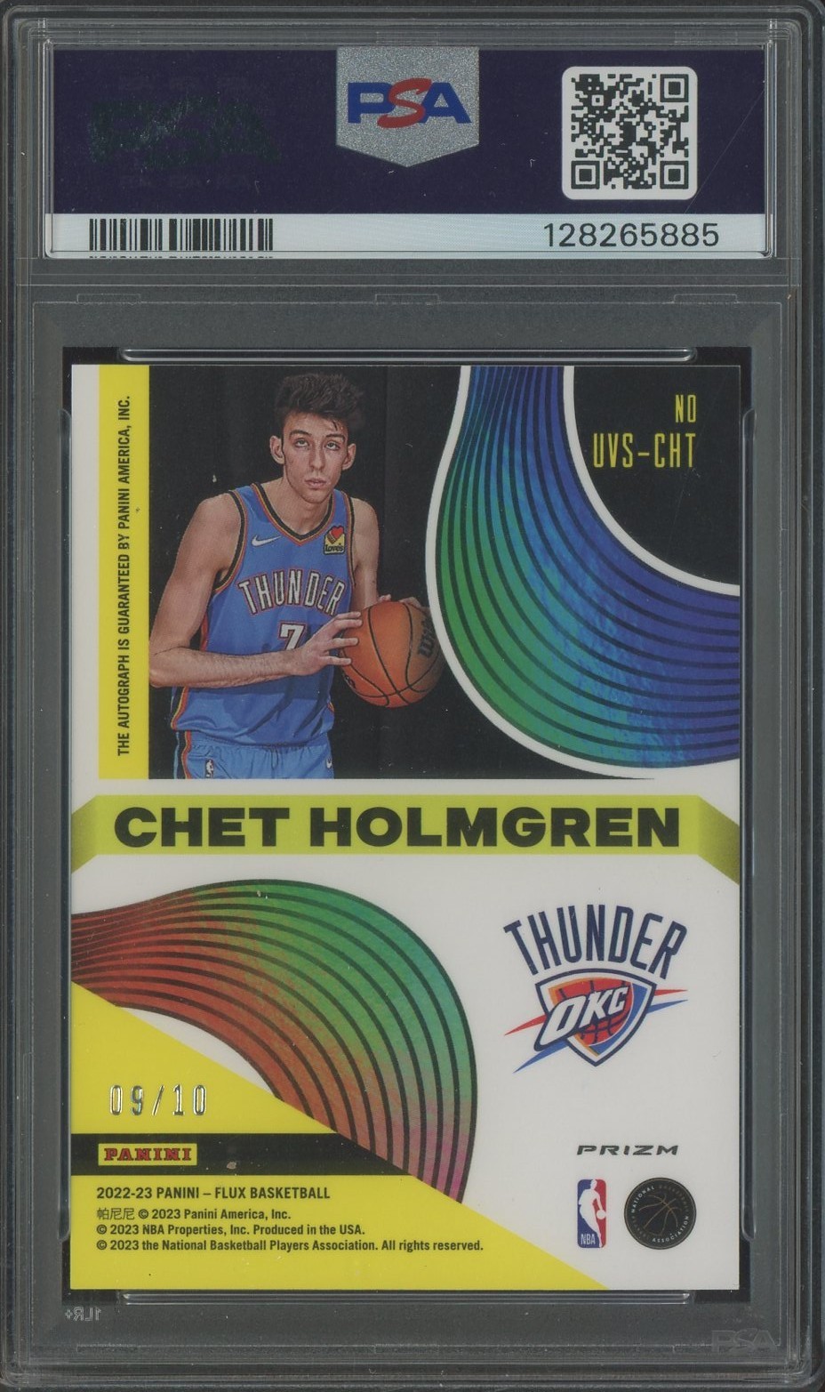 2022 Panini Gold Prizm Flux Ultraviolet Chet Holmgren Thunder AUTO /10 PSA 9 view 2