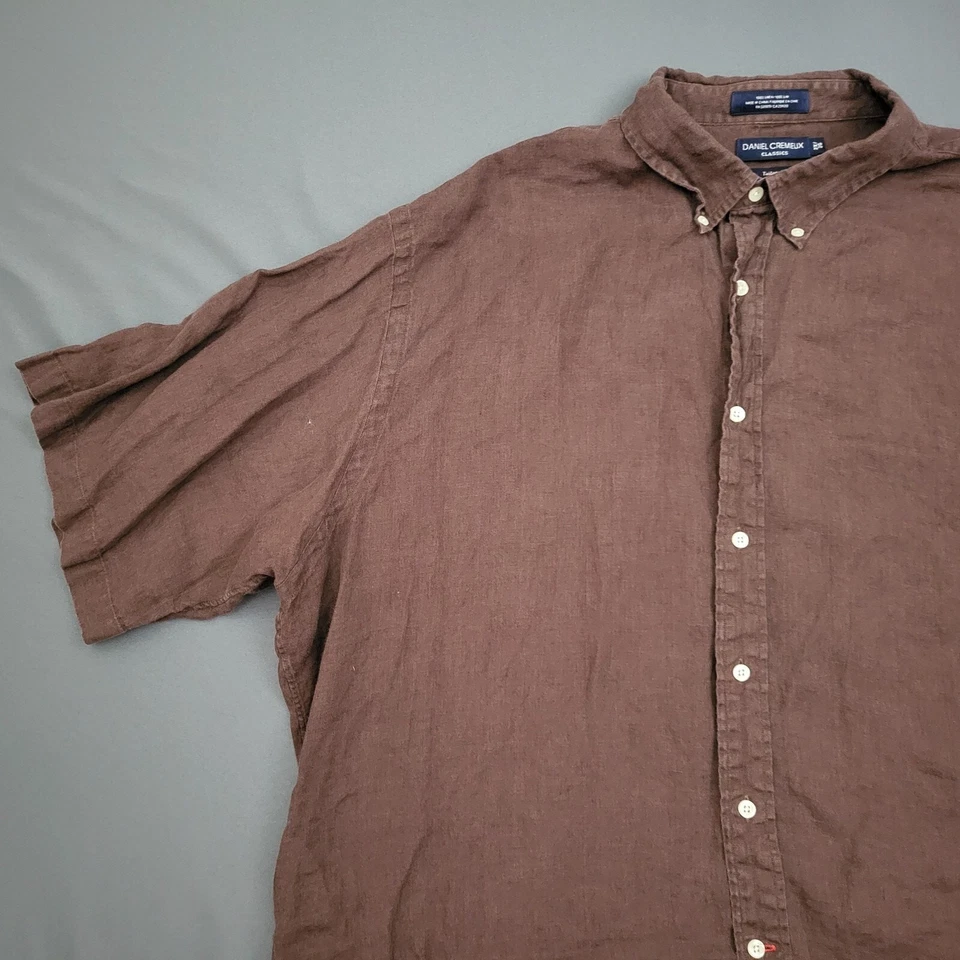 Camisa Daniel Cremieux Para Hombre Plus 2X Manga Corta 100% LINO Abotonada Marrón Foto 2 de 4