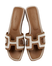 HERMÈS Women's size 39EU/9US Noisette and Beige Leather H canvas Slip-on Sandals