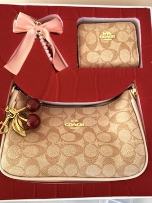 Coach Beige Pink Shoulder Bag & Wallet Gift Set with Logo, Charm, Bow, Pearl