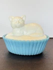 Vintage White Cat on Blue Nest Milk Glass - Westmoreland Summit ?
