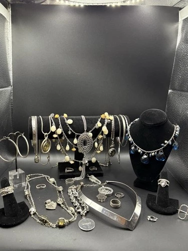 Large Vintage Silver Tone Costume Jewelry Lot 31 Pieces