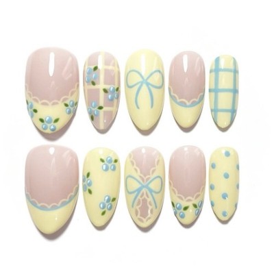 120P Short Almond Press on Nails,Cream Yellow Blue Bow Gingham Floral Fake Nails