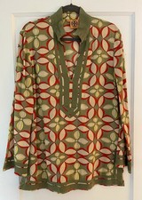 TORY BURCH 100% Cotton Green Red Yellow Geometric VNeck LS Tunic Blouse Top Sz 6