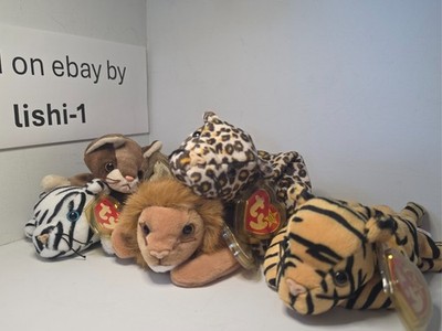 TY Beanie Baby WILD CATS Lot 5 Tiger Lion Leopard Blizzard Stripes MWT