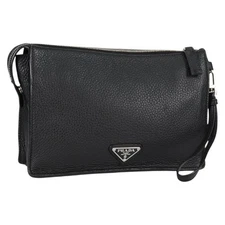 PRADA Clutch Bag Leather Black Silver 2VF006 Auth yk19468V