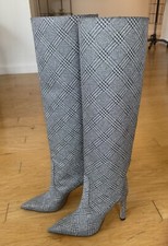 Jimmy Choo Mavis 100 Glitter Knee High Boots Silver Check Plaid Sz 36 US 6 NWOB