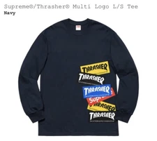 New Supreme X Thrasher Multi Logo L/S Tee - Navy - Size Medium - FW21 Box Bogo