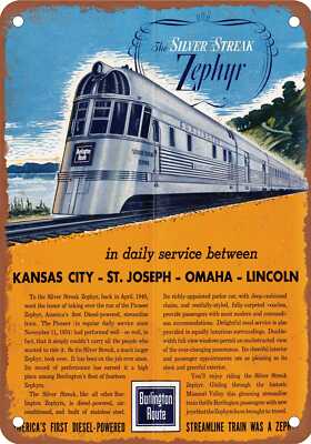 METAL SIGN - 1945 Burlington Route Silver Streak Zephyr - Vintage Rusty Look