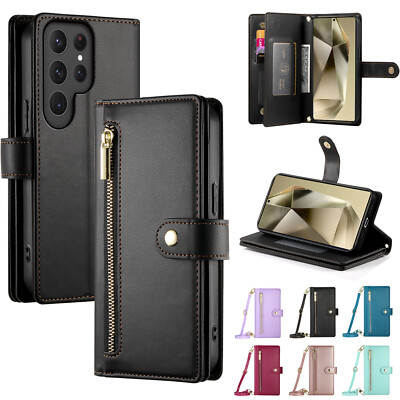 For Samsung S24 Ultra S23 S22 S21 S20 Leather Zipper Wallet Crossbody Strap Case