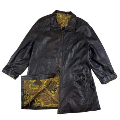 Vintage Muster gefütterter weicher schwarzer Ledermantel mit Reißverschluss L