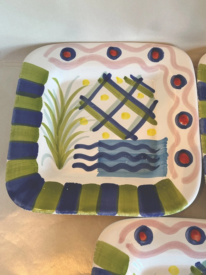 Platos de almuerzo La Primula Made it Italy garabatos puntos verde azul borde planta Foto 2 de 4