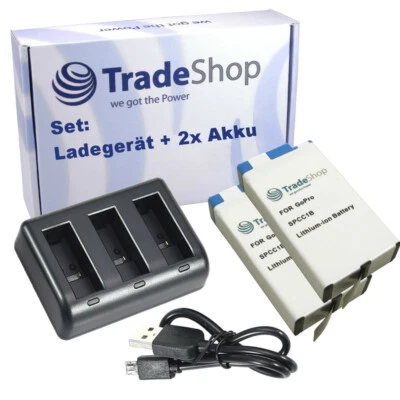 TRADE-SHOP 2x Li-Ion Akku 1650mAh + 3-fach Ladegerät für GoPro Max / Ladestation Ladekabel