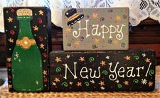 DISTRESSED Glittered 3 Pc HAPPY NEW YEAR WOOD BLOCKS Shelf Sitter RUSTIC SET