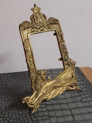 Art Déco porte photos/ laiton massif/ armoirie royale Belge lion 1920/rare - Photo 1/4