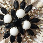Vtg Black White Milk Glass AB Rhinestone Gold Tone Starburst Layered Brooch 3.5" — photo 3