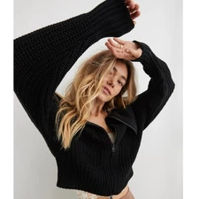 NWOT Aerie Black Double Zip Cardigan Sweater Chunky Knit Size XS 100% Cotton